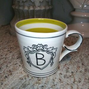 Anthropologie Molly Hatch Shield "B" Initial & Lime Stripe Coffee Mug